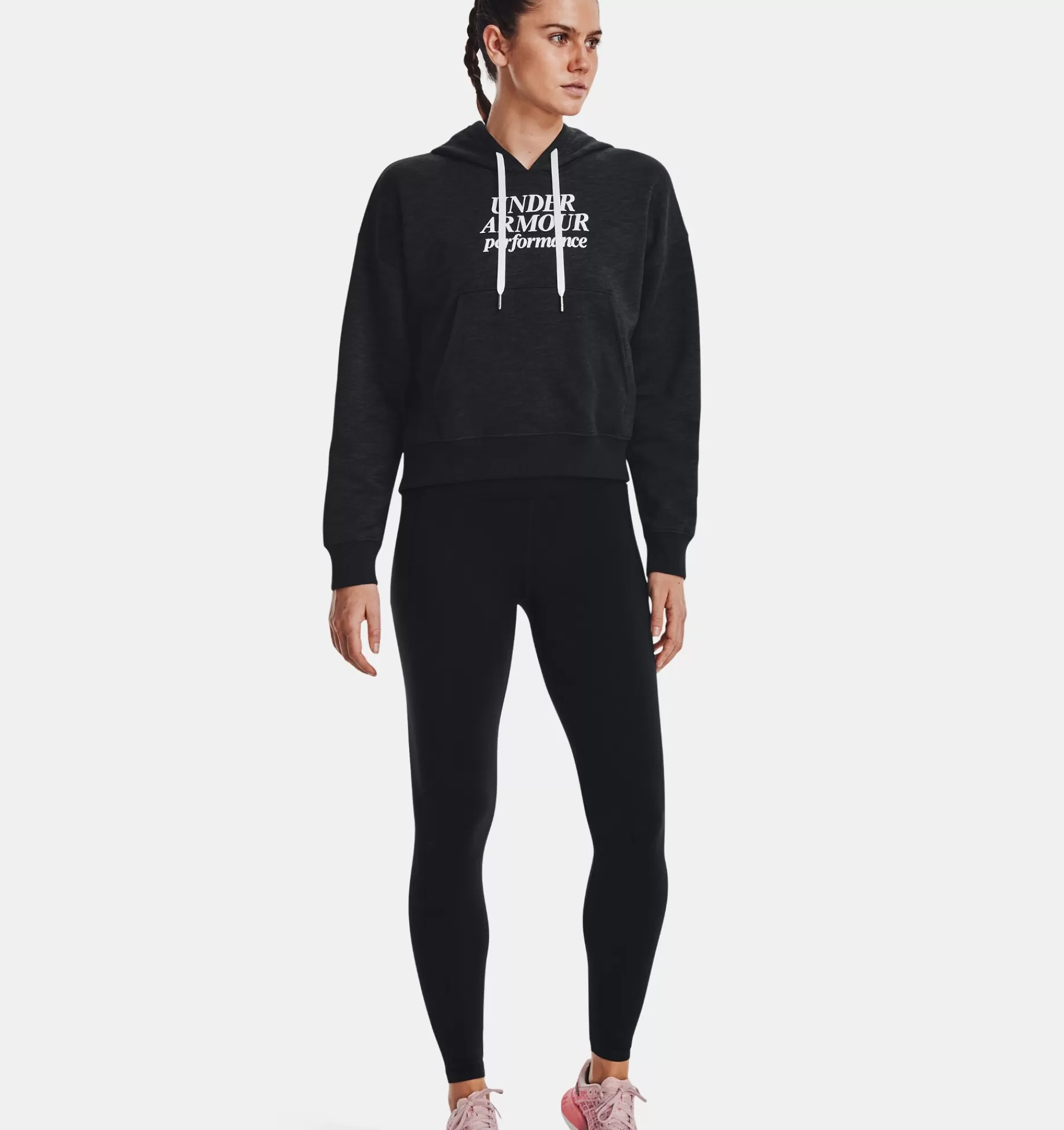 New Under Armour Felpa Con Cappuccio Ua Essential Fleece Script Da Donna Black / Jet Gray - 001