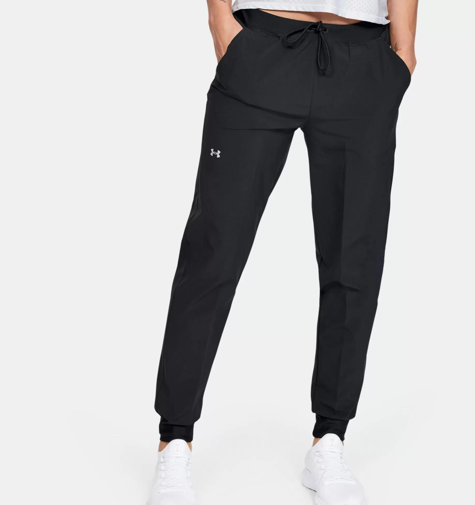 Fashion Under Armour Pantaloni Ua Armour Sport Woven Da Donna Black / Metallic Silver - 001