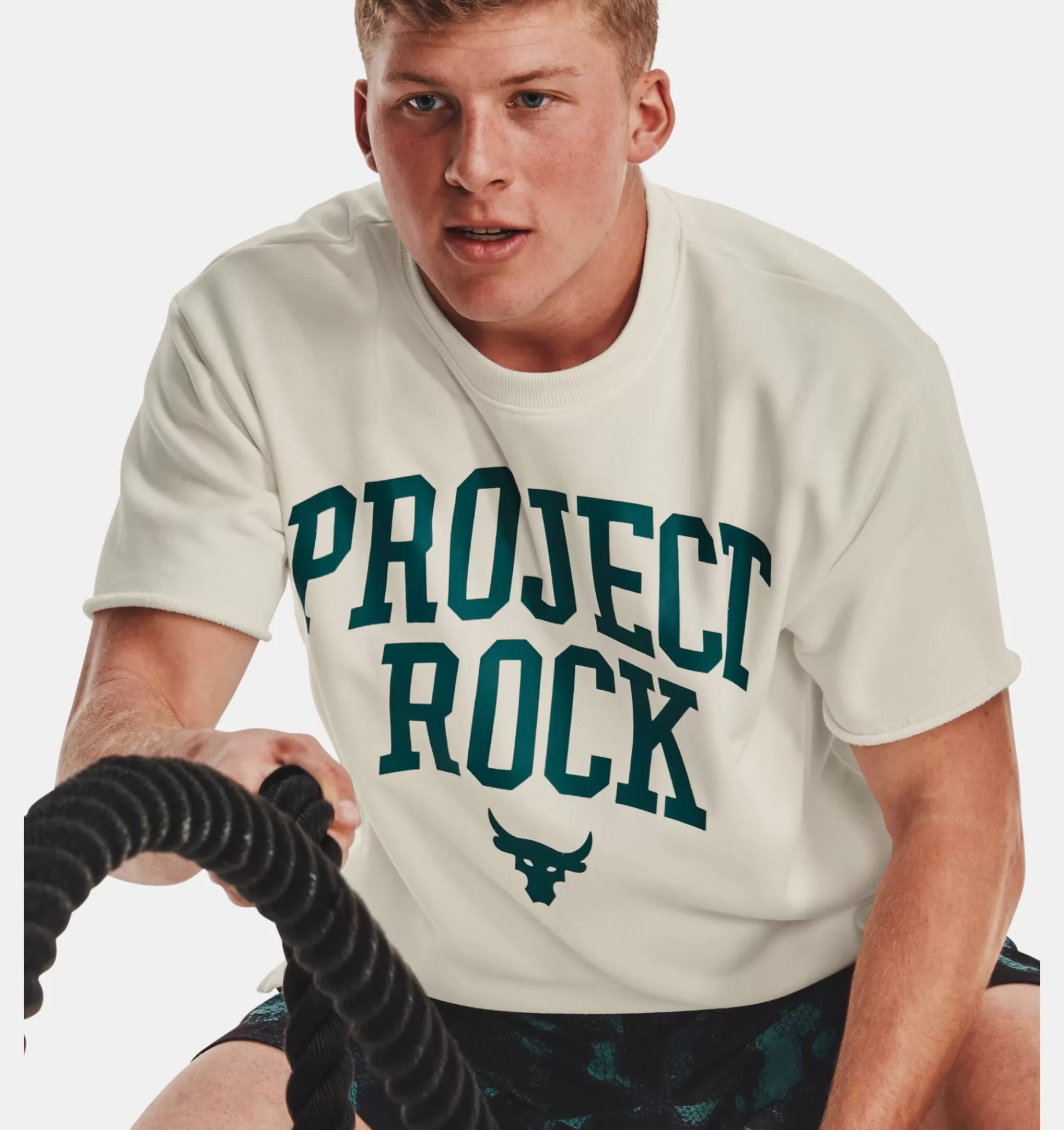 Store Under Armour T-Shirt Project Rock Heavyweight Terry Da Uomo Ivory / Coastal Teal - 130